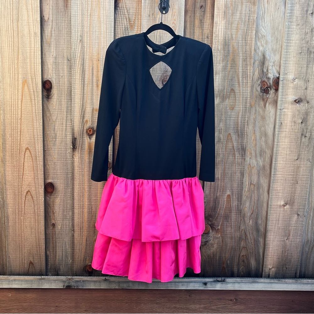 Vintage Rimini Black & Pink Party Dress Size 14 w/ Cutout Ruffles & Bow